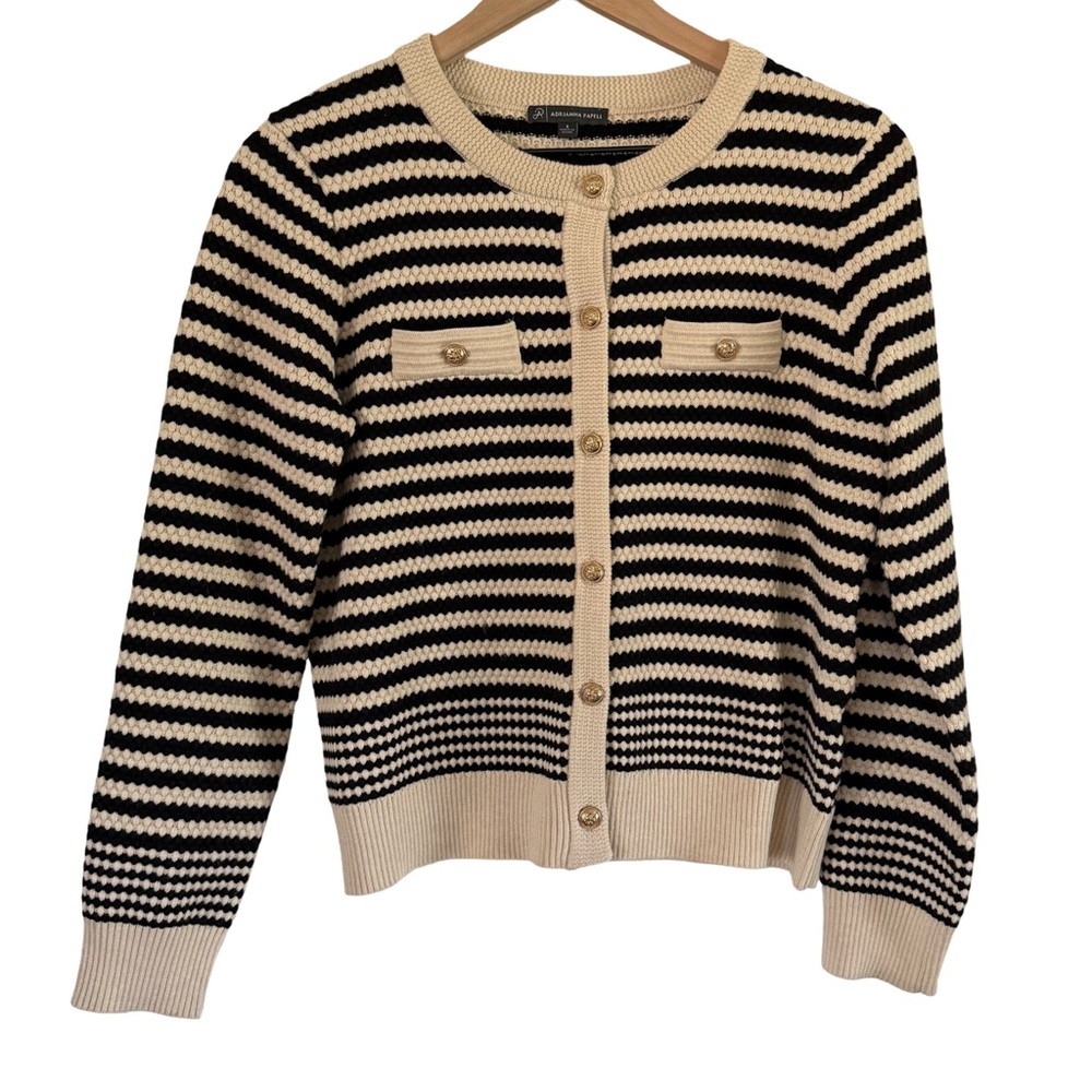 Adrianna‎ Papell Cream Black Striped Button Front Cardigan S Gold Button Knit - Picture 5 of 7